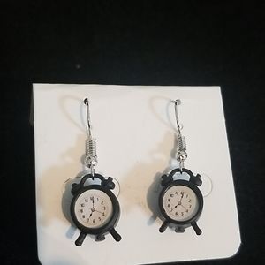 Clock dangle earrings in silver and black